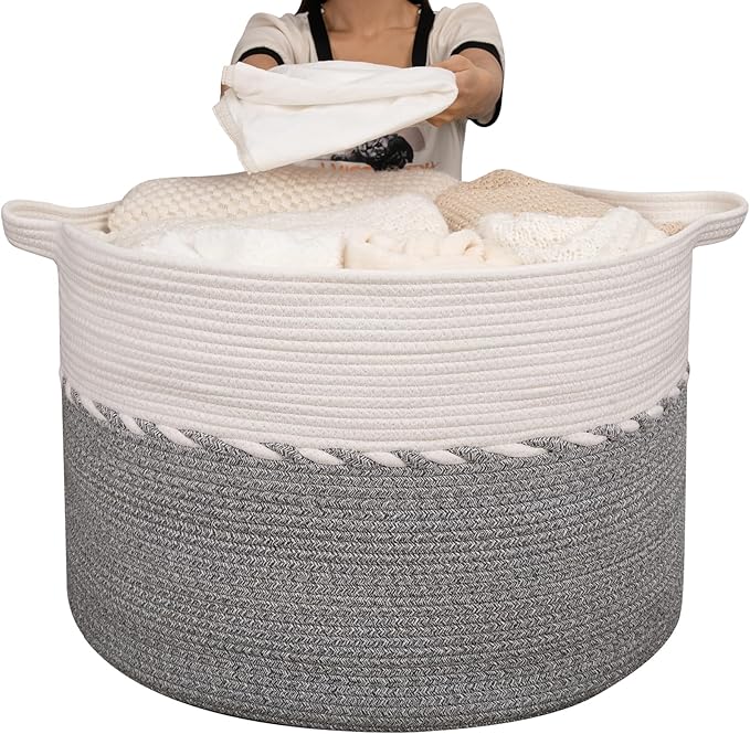 OIAHOMY 125L Extra Large Blanket Basket, 25" x 16", Jumbo Laundry Hamper, Cotton Rope Basket with Handles for Living Room,Baby Toy Basket for Storage, Grey