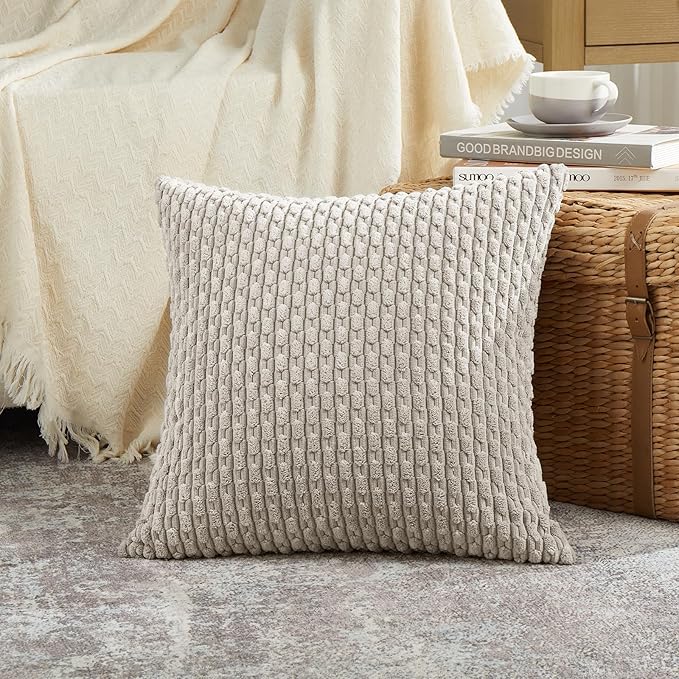 Fancy Homi Set of 2 Neutral Taupe Decorative Throw Pillow Covers 18x18 Inch for Couch Bed Sofa Bedroom, Modern Farmhouse Boho Home Decor, Soft Fluffy Textured Corduroy Cute Cushion Case 45x45 cm