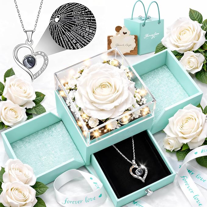Forever Love Preserved Real Rose with Heart Necklace, Mothers Day Gifts for Mom, Wife, Anniversary Birthday Gifts for Women – Projects “I Love You” in 100 Languages