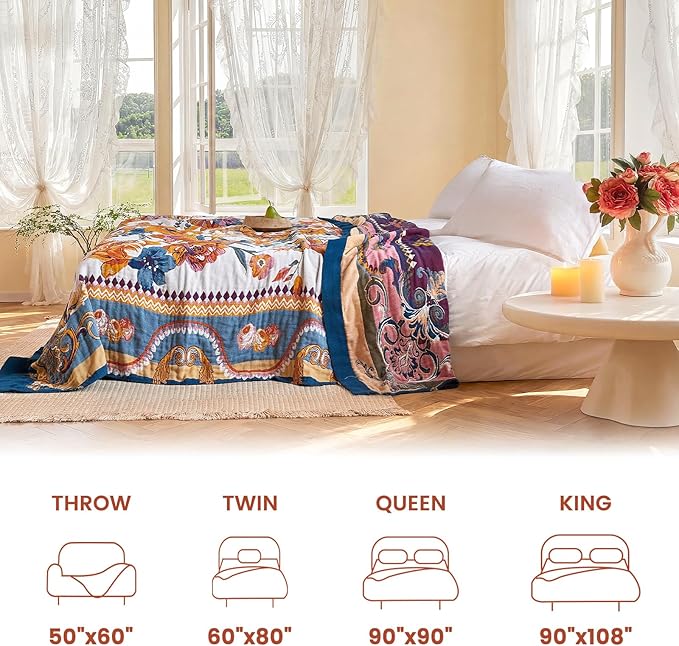 MSGKV Boho Throw Blanket 90"x90" Bed Floral 100% Cotton Blanket Summer Breathable Lightweight Queen Blankets All Seasons Home Decor Muslin