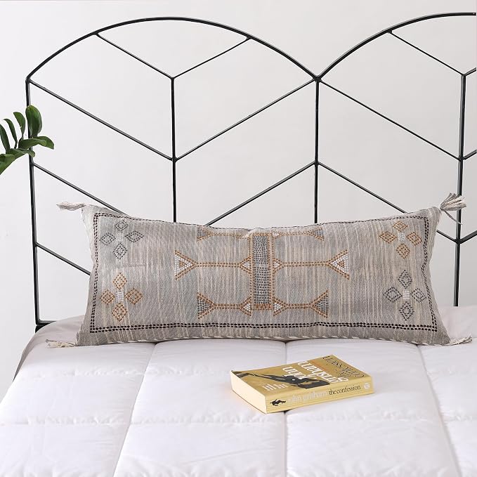 Lumbar Throw Pillow Cover (12 X 28 inches) | Hand Woven Cactus Silk White Pillow Linen Cover | Rustic Décor Bohemian Cushion Cover | Farmhouse Cotton Pillow Case | Decorative Throw Pillow Dress