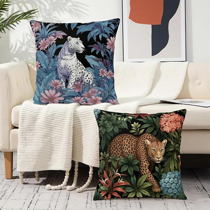 Tropical Jungle Leopards Pillow Covers 18x18 Set of 2 Brown and White Cheetah Throw Pillow Covers Summer Animal Print Pillowcases Hawaiian Tropical Plants Cushion Cases for Home Decor