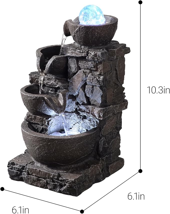Indoor Tabletop Fountain with 4-Tier Stone Bowls, Rolling Crystal Ball & LED Lights – Tranquil Waterfall Decor for Home, Office or Zen Space (23066)