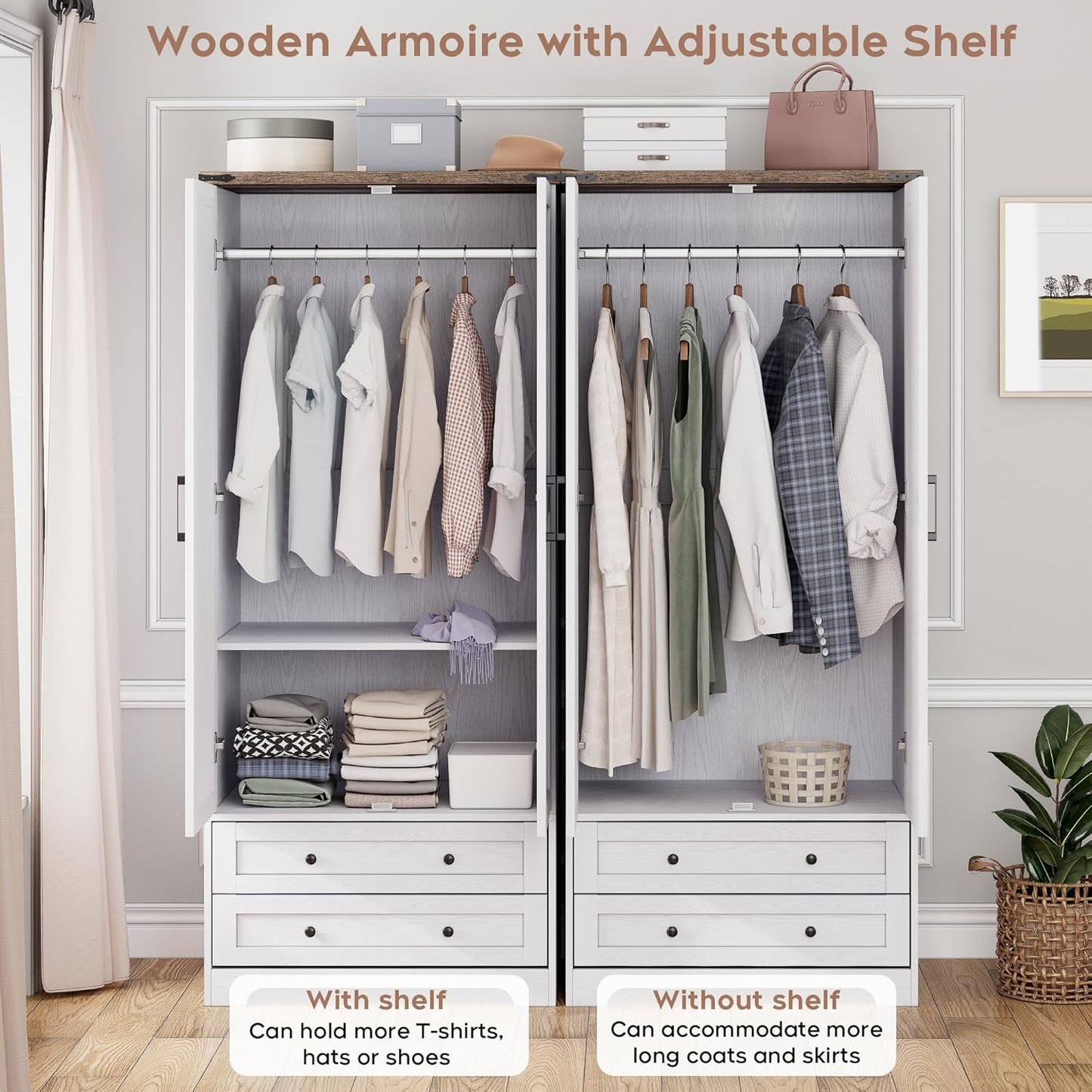 Brafab Armoire Wardrobe Closet with 2 Modern Doors, 71" Tall Freestanding Closet Wardrobe Cabinet with Drawers and Hanging Rail, Light Wooden Storage Cabinet with Shelve for Bedroom (White, 4 Doors)