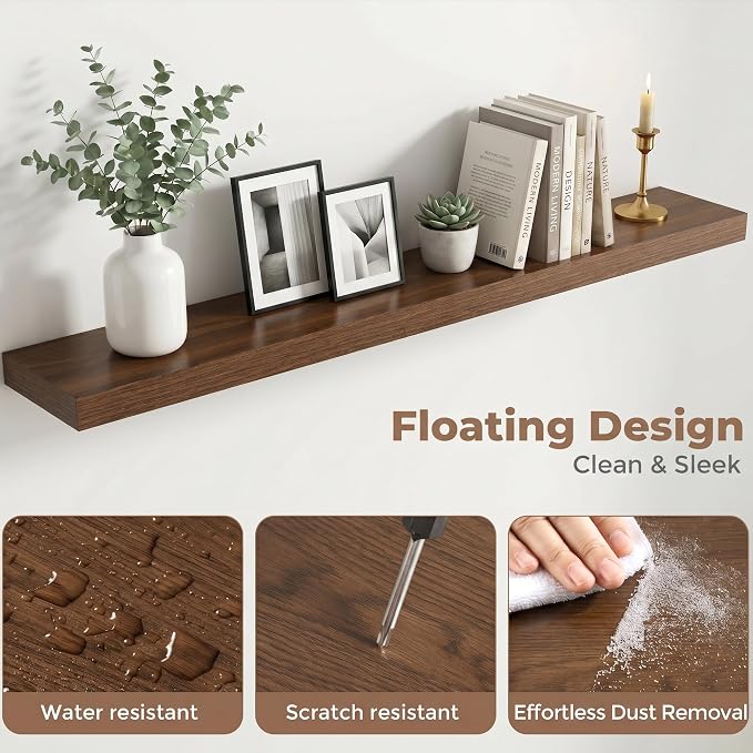 55 Inch Floating Shelves for Wall, 8"D Wood Storage Shelves, Walnut Finish | Engineered Wood, Invisible Bracket, Large Storage, Easy Install, Hold Up to 88lbs, Living Room, Bathroom, Bedroom, Kitchen