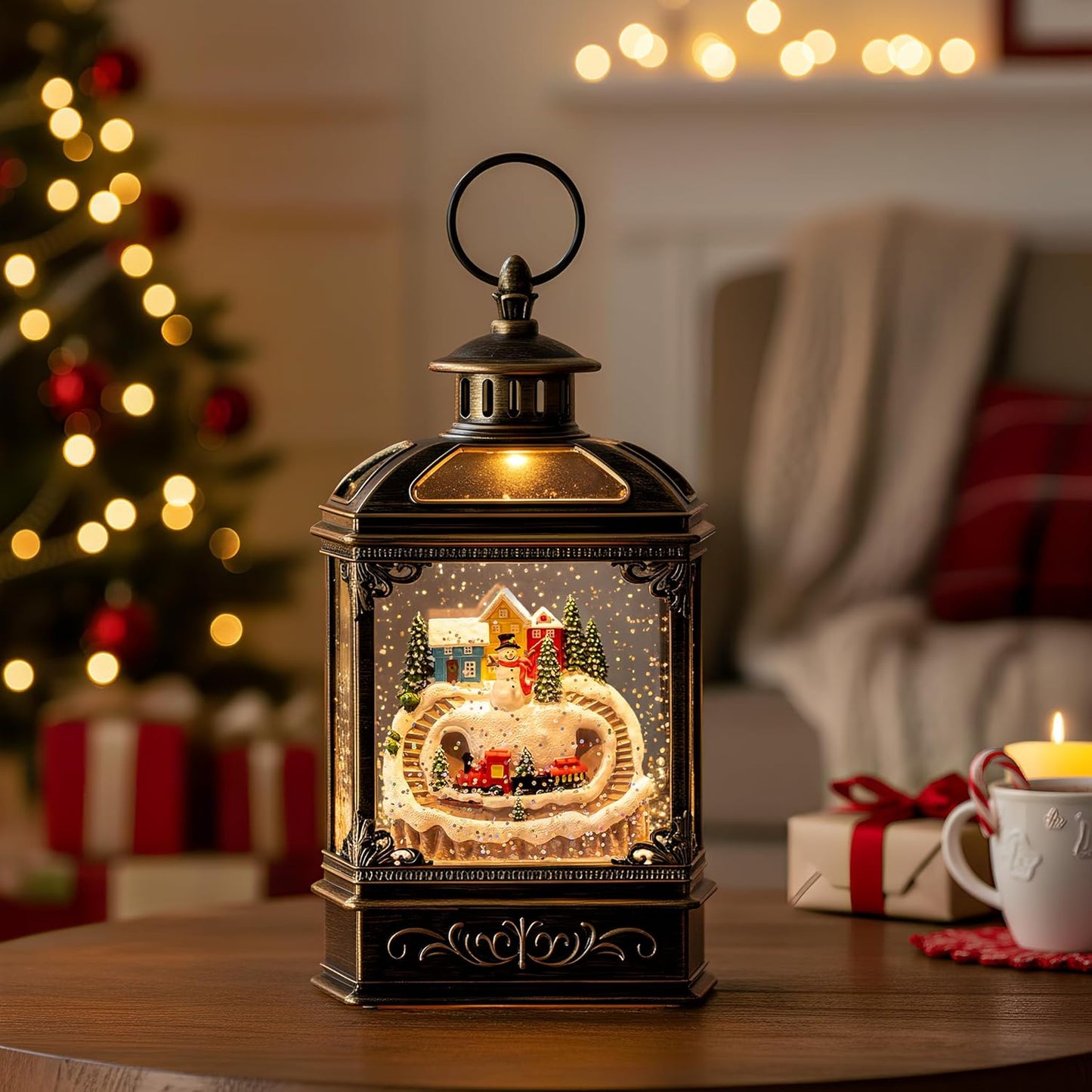 Christmas Snow Globe Lantern Water Glittering Snowman & Train with Music, USB Lined/Battery Operated Lighted Lantern for Christmas Festival Decoration Gifts