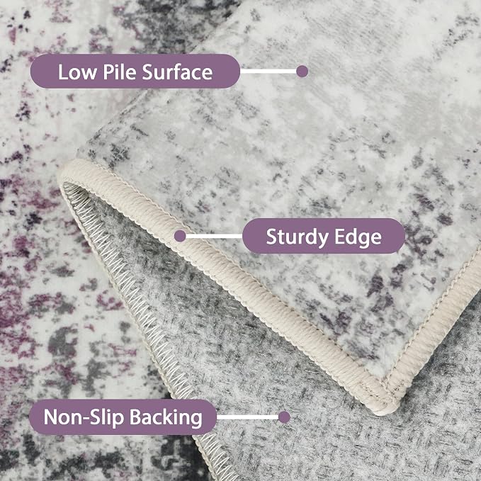 BEIMO Area Rugs 5x7 for Living Room Bedroom, Modern Abstract Machine Washable Rug, Large Soft Low Pile Floor Carpet with Non Slip Backing for Dining Room, Grey/Purple