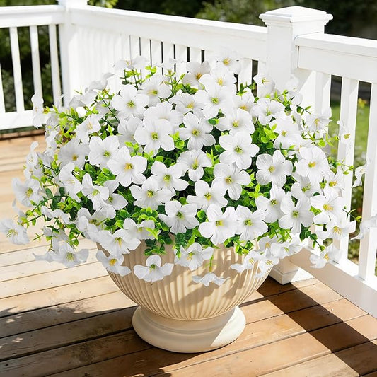 20 Bundles Artificial Petunias Flowers for Outdoors, Faux Silk Flowers UV Resistant Realistic Fake Plants for Outside Planters Porch Patio Yard Garden Spring Summer Home Decor, White