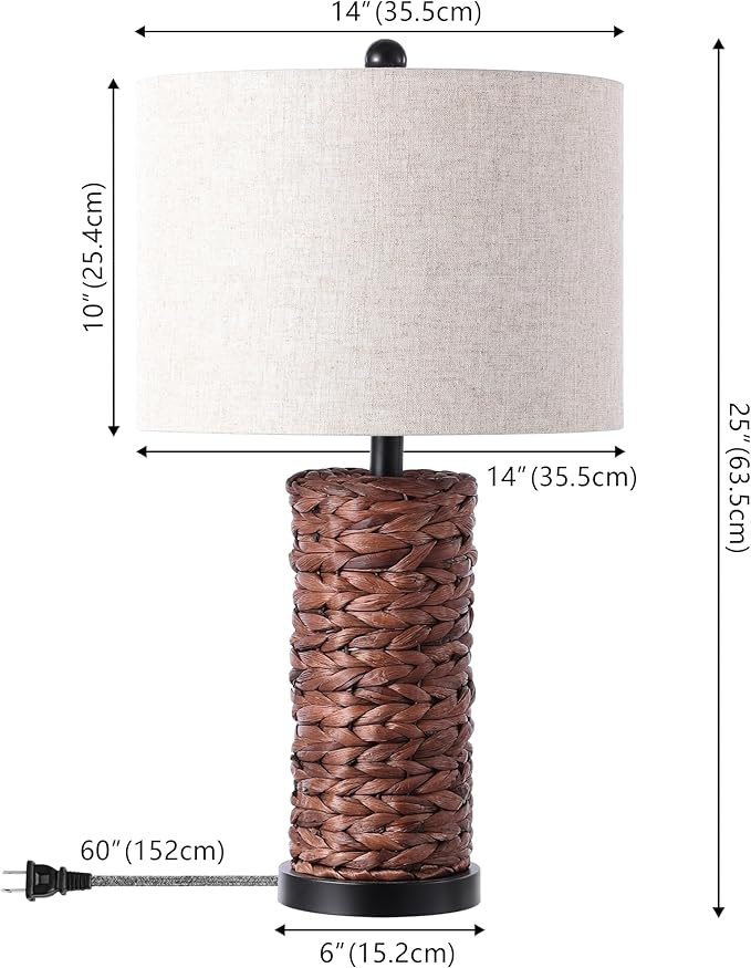 JONATHAN Y 25" Dark Brown Coastal Water Hyacinth Table Lamp Set of 2, Bedside Lamp with Light Grey Linen Shade, Boho Farmhouse Decor for Living Room Nightstand, LED Bulbs (JYL6502B-SET2)
