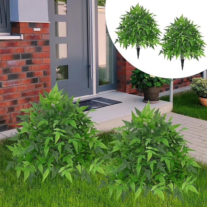24" Artificial Bamboo Tree with Ground Spike Topiary Balls Artificial Outdoor Set of 2 Faux Boxwood Topiary Ball Trees for Front Porch UV Resistant Fake Bushes for Outdoors Garden Yard Patio Decor