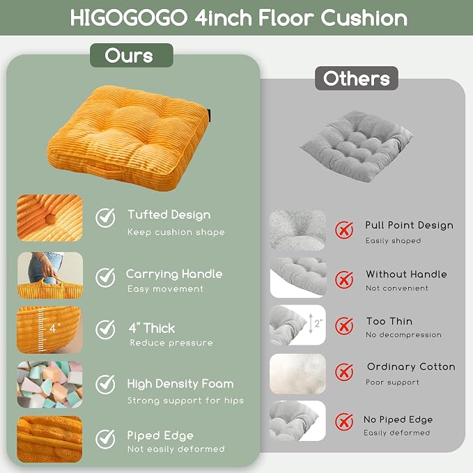 HIGOGOGO Floor Pillow Cushion for Adults, Meditation Cushion Pillow, Large Square Floor Sitting, Tufted Corduroy Cover, for Tatami Living Room or Yoga, 22x22 Inch, Orange