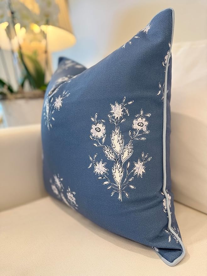 Jillien Harbor “The Norfolk” Dark Blue & White Floral Block Print Pillow Cover – Dark Blue Decorative Throw Pillow Cover – Grandmillennial Home Decor, 20" x 20"