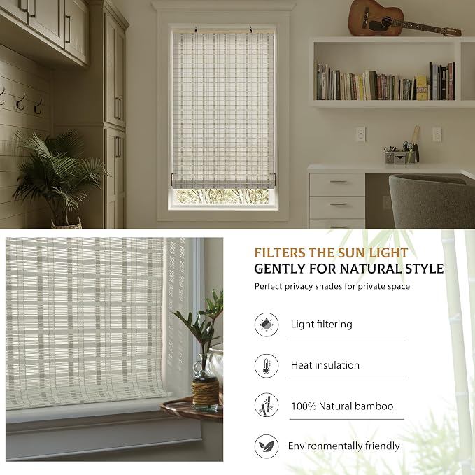 LazBlinds Cordless Bamboo Blinds, 27"x48", Whitewash B | Bamboo Roll Up Shades for Windows, Light Filtering Hanging Window Blinds, Bamboo Shades for Patio Indoor/Outdoor Porch