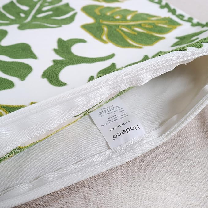 Embroidery Throw Pillow Cover 18x18 Tropical Leaves Home Decor Monstera Leaf Embroidered Green Floor Pillow Cover for Couch Sofa Chair 100% Cotton Cushion Cover Pillow Case 45x45cm, 1 Piece