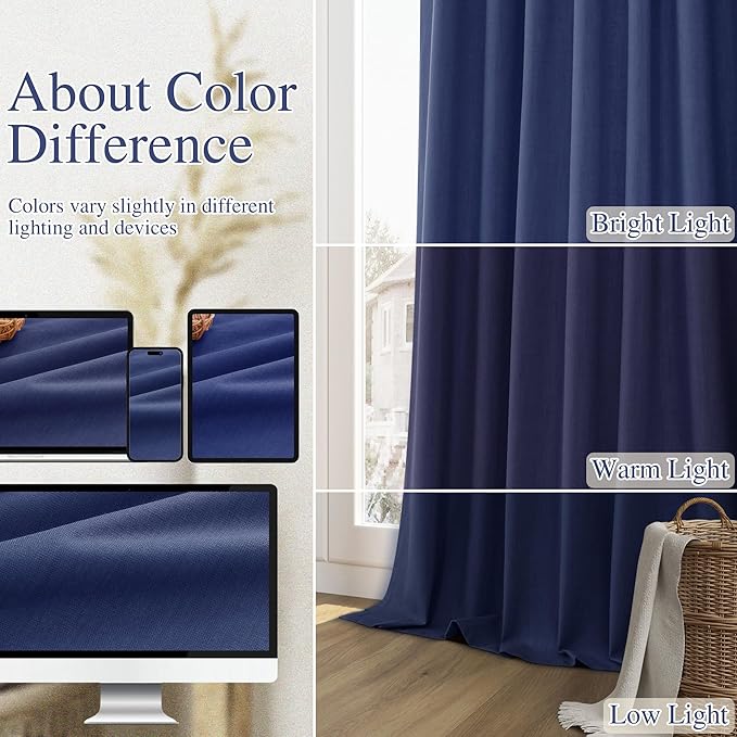 Guken 100% Blackout Curtains 63 Inch Length 2 Panels Set for Living Room Bedroom Back Tab Thermal Insulated Black Out Linen Drapes Room Darkening Window Curtains 63 Inches Long,Classic Blue
