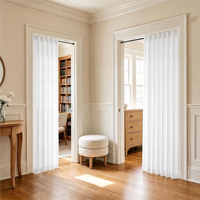 Pitalk White Sheer Curtains 80 Inch Length for Living Room 2 Panel Back Tab Rod Pocket Rustic Modern Farmhouse Semi Privacy Linen Drapes Pleated Curtain for Bedroom Playroom Wide 52x80 Long Curtains
