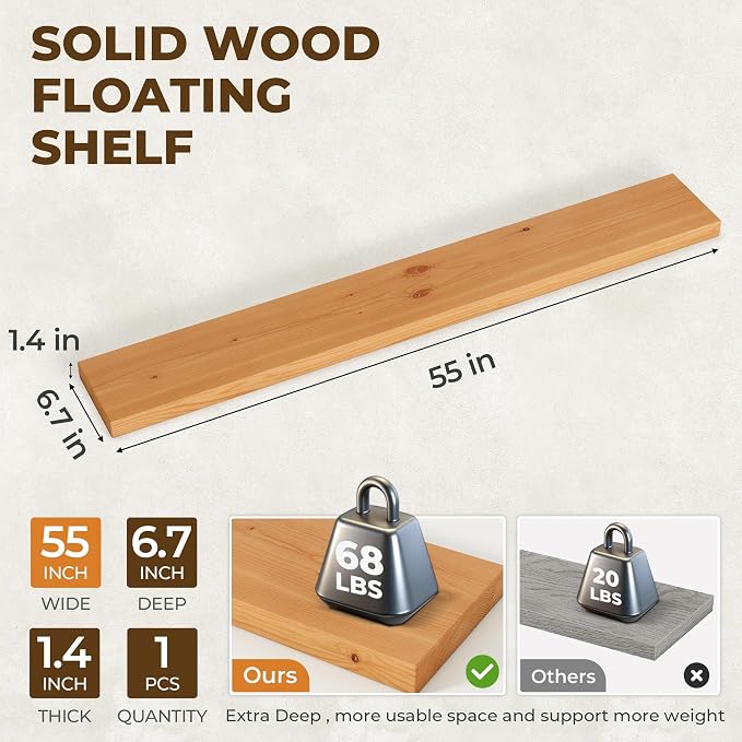 55 inch Floating Shelves for Wall, High End Solid Real Wood Floating Shelf with Heavy Duty Invisible Bracket 55in Long Wooden Wall Shelves for Living Room, Bedroom, Kitchen, Bathroom, Set of 1,Natural