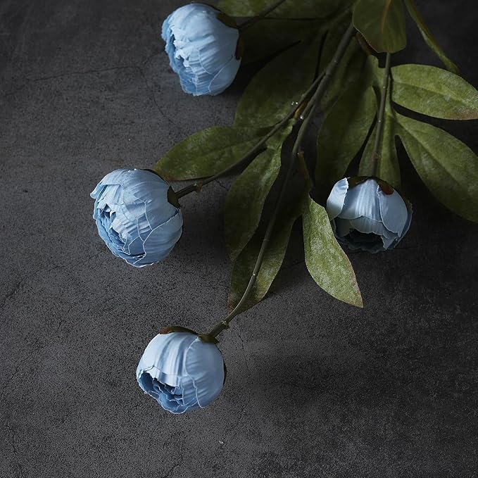 VIERENA 12 Pcs Faux Silk Peony Artificial Flowers for Vase -27", Bulk Fake Peonies Branches with Stems for DIY Bouquet Centerpieces Wedding Fillers Arrangements Shower Decorations (Dusty Blue)