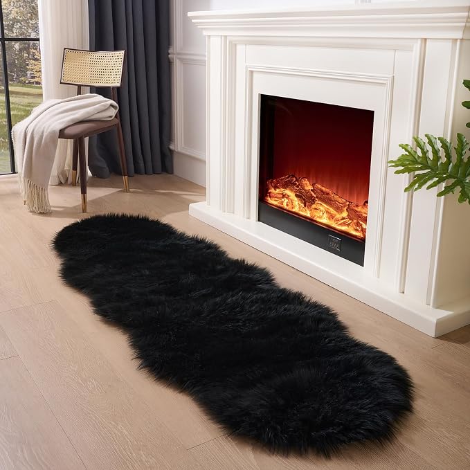 Faux Fur Sheepskin Runner Rug Black 2x6 ft Ultra Soft Shaggy Plush Fluffy Fuzzy Area Carpet Decorative Chair Cover Floor Mat for Bedroom Sofa Living Room Bedside