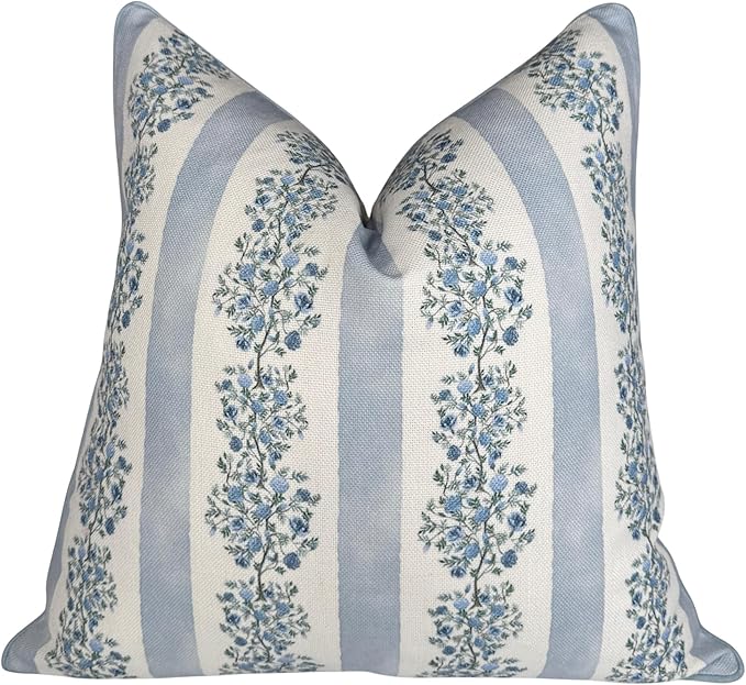 Jillien Harbor “The Juliet” Floral Block Print Pillow Cover – Soft Blue and Off-White Decorative Throw Pillow Cover – Grandmillennial Home Decor, 20" x 20"