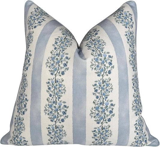 Jillien Harbor “The Juliet” Floral Block Print Pillow Cover – Soft Blue and Off-White Decorative Throw Pillow Cover – Grandmillennial Home Decor, 20" x 20"
