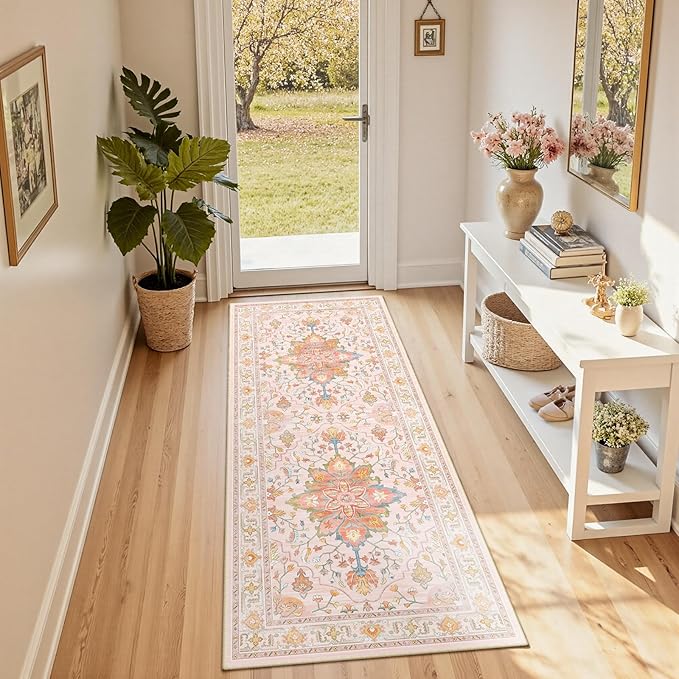 RELEANY Area Rugs 2'x6' Runner Rug Non Slip Washable for Kitchen Hallway Bedroom Beside Laundry Room Bathroom Rug, Floor Carpet, Light Pink Colorful