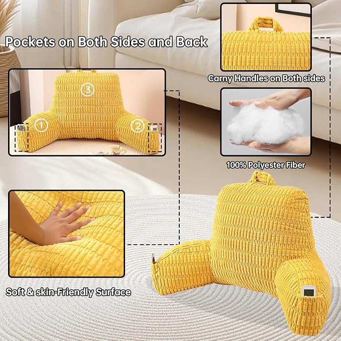Large Reading Pillow for Sitting Up with Arms,Yellow Corduroy | Back Pillow for Adults Backrest,19" Sitting Pillow Supports Reading,Gaming & Relaxing in Bed,Couch,Floor Corners