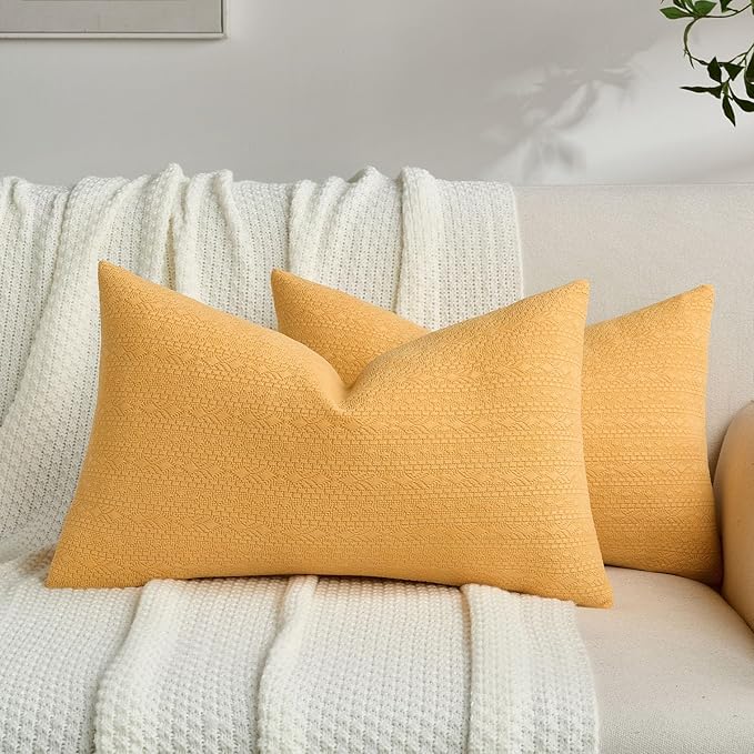 FUTEI Mustard Yellow Chenille Throw Pillow Covers 12x20 Inch Set of 2,Soft Striped & Diamond Textured Lumbar Pillow Cases,Modern Home Decor for Couch Living Room