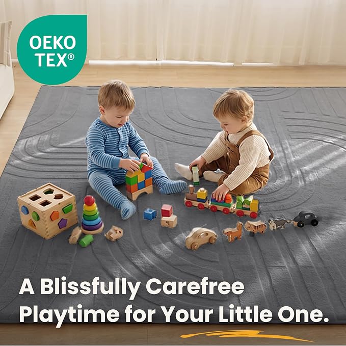 Huloo Sleep 1.3" Extra Thick Fluffy Baby Play Mat for Floor,6'×9'Large Padded Kids Rug with Ultra Soft 3D Carved Faux Rabbit Fur,Non-Slip Carpet Nursery Rug Area Rug for Playroom Living Room(Charcoal)