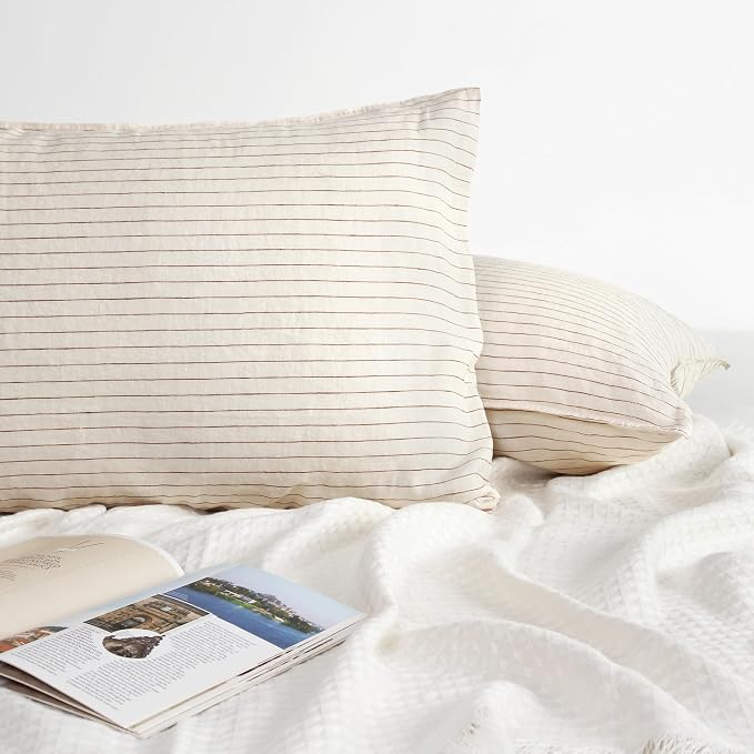 Striped Linen Pillow Cases Set of 2,20"x30" Standard/Queen Size,100% French Natural Flax Soft Linen Pillowcases,Rust Pinstripe