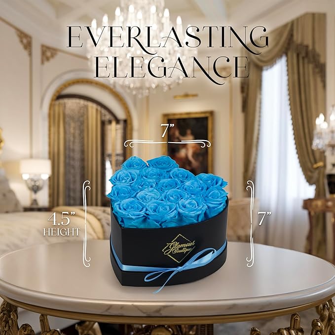 GLAMOUR BOUTIQUE 16 Flower Forever Heart Shape Box, Eternal Preserved Roses Gift for Her, Lasting Flowers, Romantic Floral Keepsake for Birthday, Anniversary or Valentine’s Day, Teal (Color-Treated)