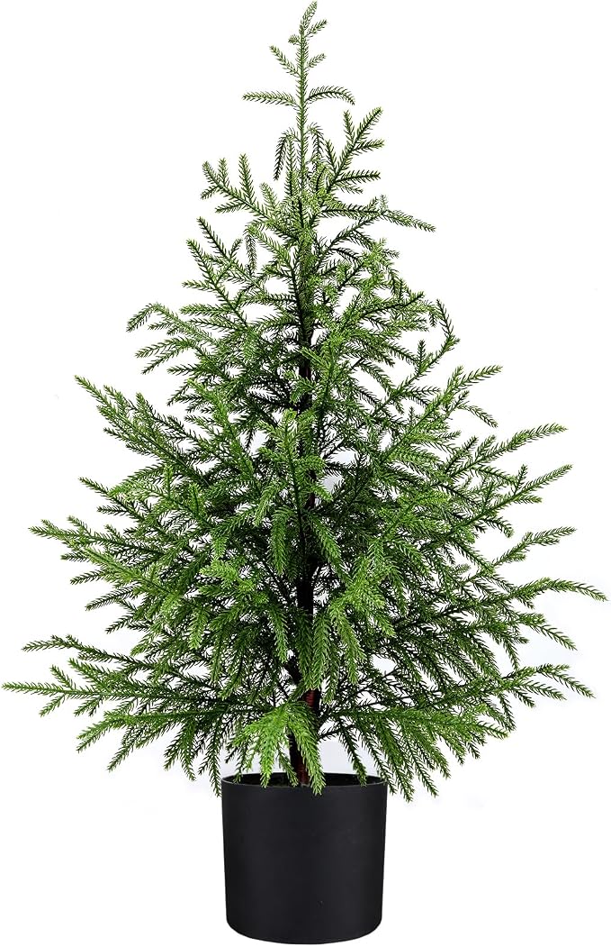 ENVEN Outdoor Artificial Topiary Cedar Tree Real Touch Faux Pine Evergreen Shrub Plant UV Resistant Greenery Tree with Pot Realistic Cypress Front Porch Decor (3FT-1Pack Nofolk Pine)