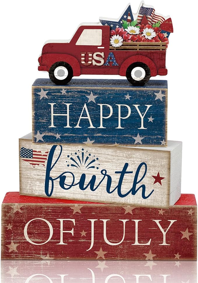 CroBlissful 4 Pcs 4th of July Decorations Patriotic Memorial Day Tabletop Decoration Wooden Star Block Signs Red White Blue Centerpieces 250th Anniversary for Office Tiered Tray Home Shelf