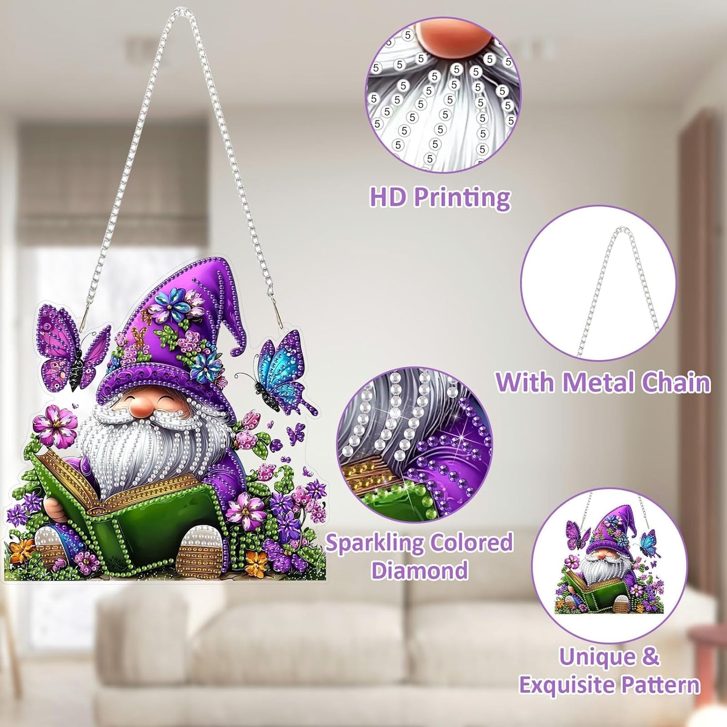 SENQAO Gnome Diamond Art Hanging Kit for Adult, Special Shaped Rhinestone, Double Sided DIY Acrylic Diamond Art Painting Window Pendants Home Garden Wall Hanging Kits Hanging Ornament(Butterfly Book)