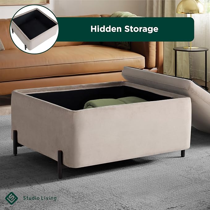 Studio Living® Connor 31.1" Large Storage Ottoman, Modern Boho, Matte Black Metal Legs, Velvet Fabric, Taupe