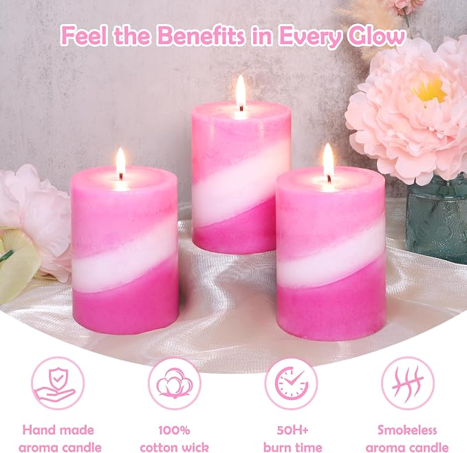 French Rose Scented Pillar Candles, 100% Cotton Core Pink and White Striped Paraffin Wax Candles for Home Wedding Dating Decor, Long Lasting Burn Time Aromatherapy Candles, 3x4 Inch Set of 3