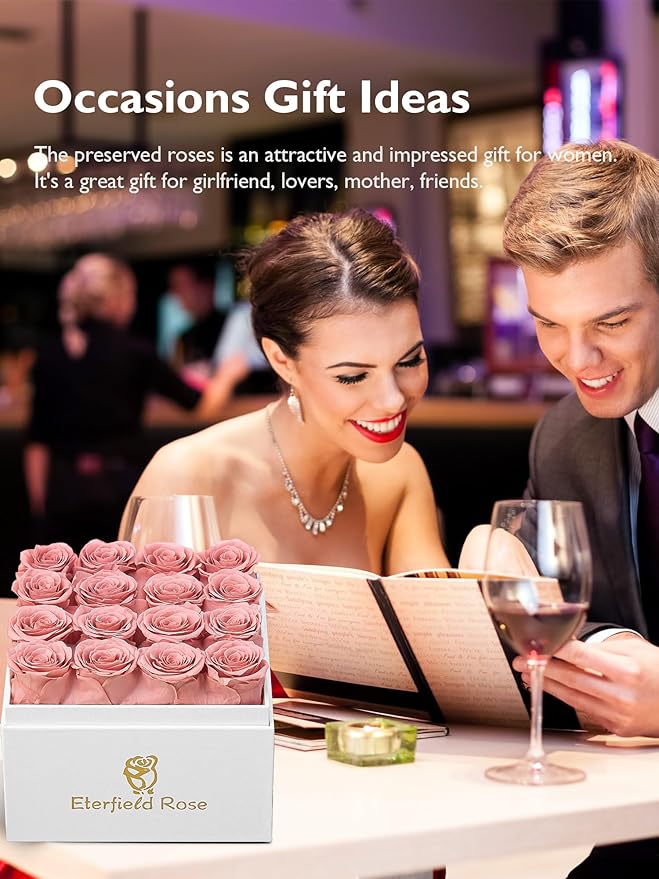 Eterfield Forever Flowers Preserved Roses Real Roses that Last Over a Year Rose Box Gifts for Her Mothers Day Valentines Day Christmas (Square White Box, 16 Dusty Pink Roses)