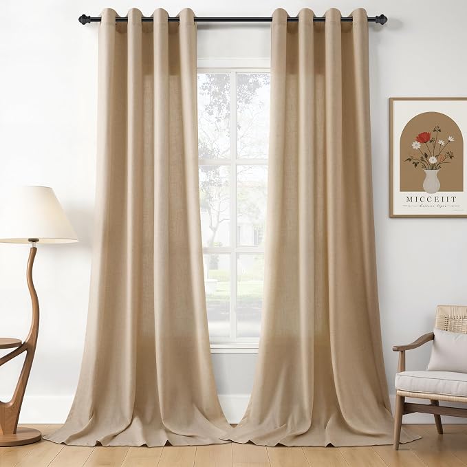 Sand Beige Linen Curtains 102 Inches Length for Living Room Grommet Design Semi Sheer Elegant Drapes for Bedroom Light Filtering Neutral Extra Long Sheer Curtain for Large Window 8FT 52x102, 2 Panel