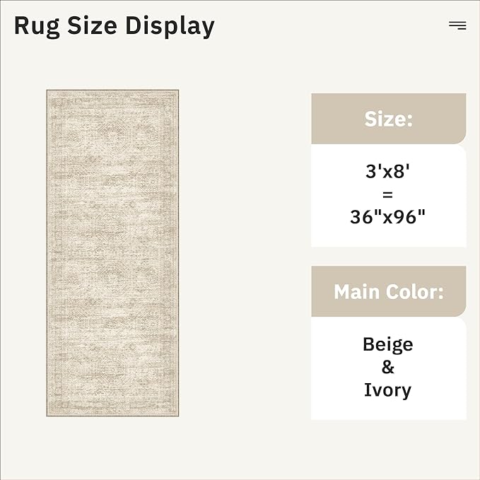 Soalmost Runner Rug 3x8 Washable Non-Slip Hallway Runner Rugs for Kitchen Bathroom Laundry Room Beige Vintage Floor Carpet Runners for Hallways Entryway