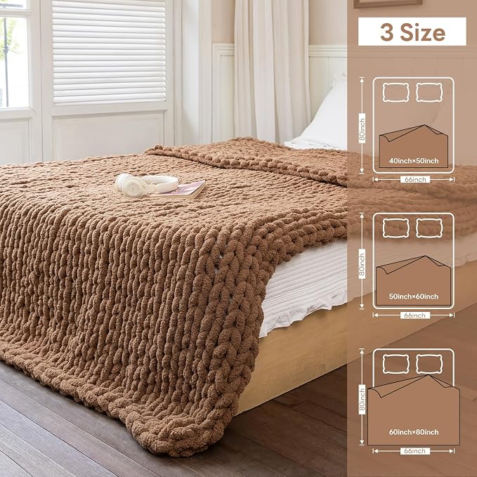 Chunky Knit Blanket - Luxury Soft Cozy 80 * 90 Throw Blanket,100% Woven Blanket Rope Knot Throw Blanket for Couch, Sofa, Home Decor, Gift - Machine Washable (Brown, 80 * 90)