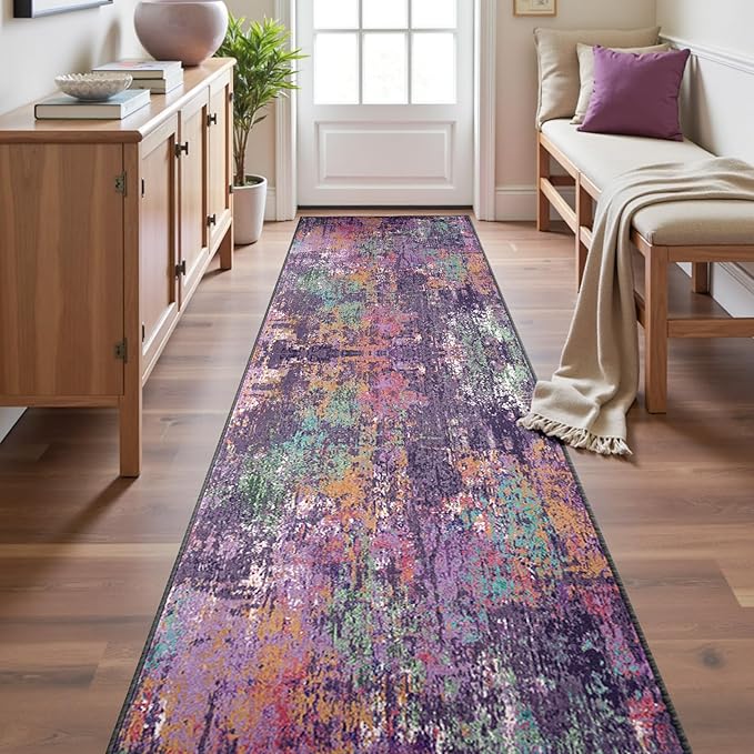 RELEANY Washable Area Rugs 2'x10' Non-Slip Modern Abstract Soft for Living Room Entryway Bedroom Nursery, Print Pattern, Purple Orange Blue Green Rust Red Colorful