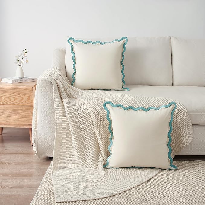MONDAY MOOSE Decorative Throw Pillow Covers Cushion Cases, Set of 2 Soft Velvet Scalloped Wavy Edge Designs, Mix and Match for Home Decor, Pillow Inserts Not Included (16x16 inch, White/Light Blue)