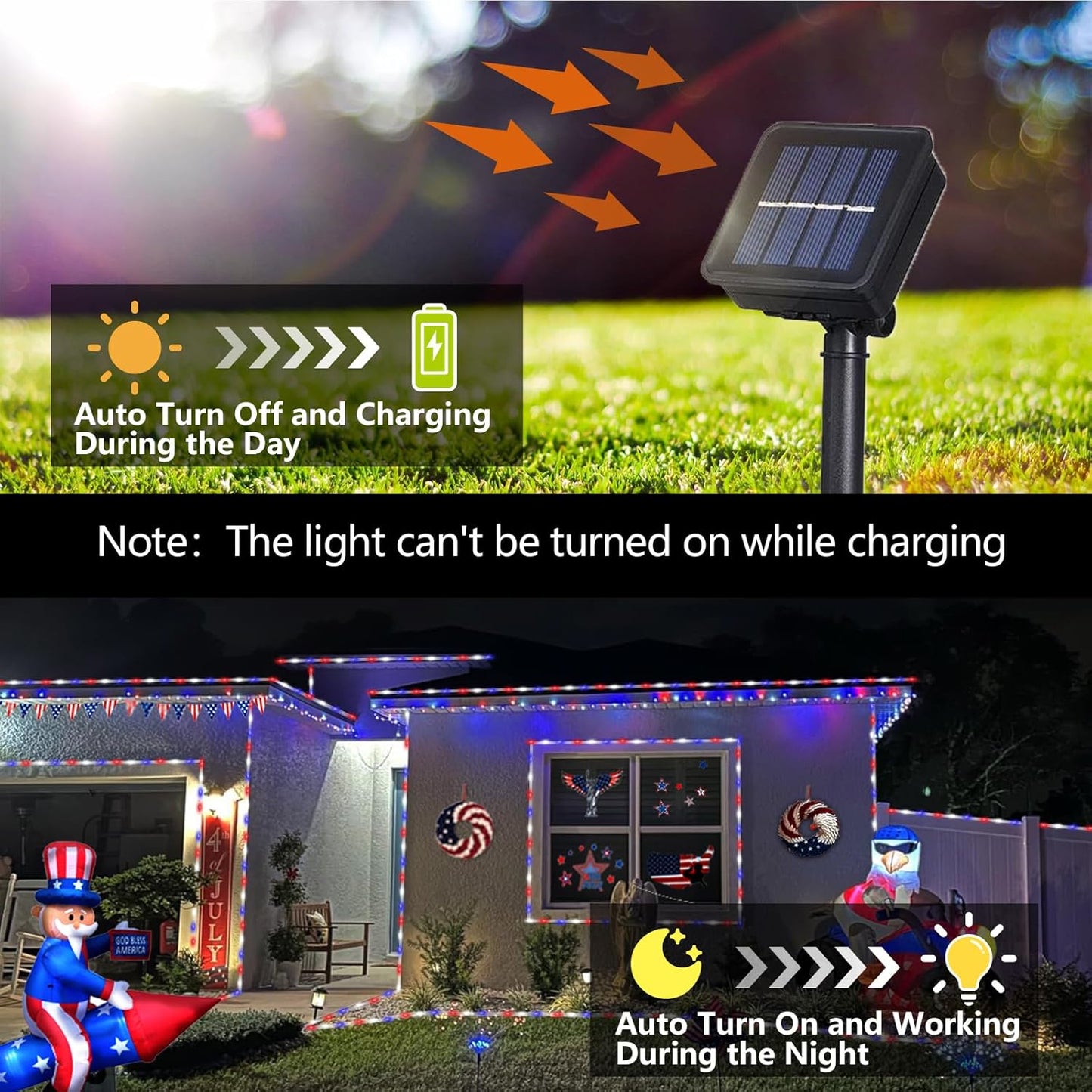 YEGUO 4th of July Decorations Red White and Blue Lights, 2 Packs Each 33ft 100 LED Solar Rope Light with 8 Modes for Patriotic Independence Memorial Day Decor