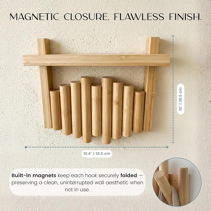 Bamboo Wall Mounted Coat Rack with Shelf Flip Down Wooden Hooks for Entryway Hallway Bedroom | Natural Piano Hanger, 3 Hooks, Space Saving Organizer