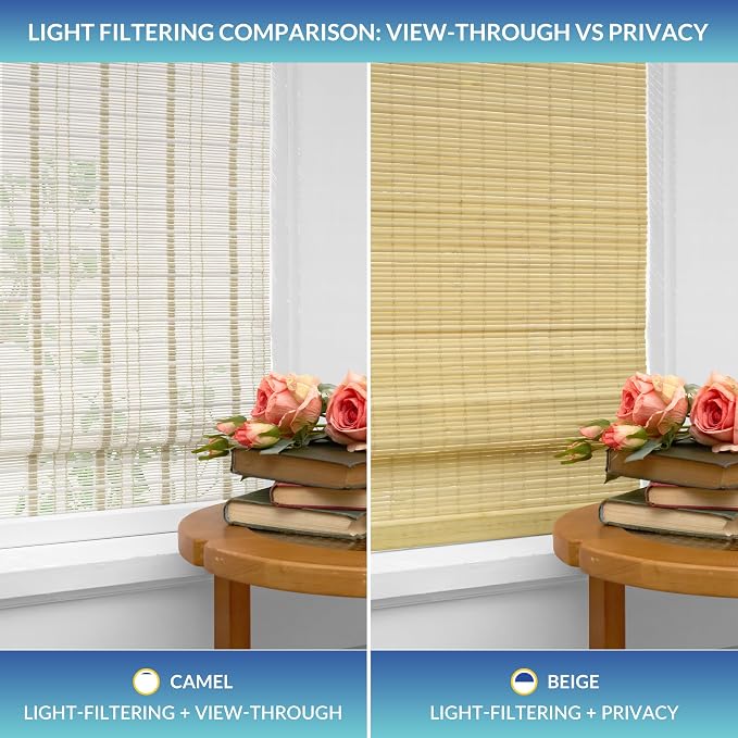 No Drill No Tools Bamboo Roman Shades, Cordless Light Filtering Window Blinds with Valance, Natural Woven Wood Shades for Living Room Dining Room, White（Sheer-View）, 27" W x 64" H