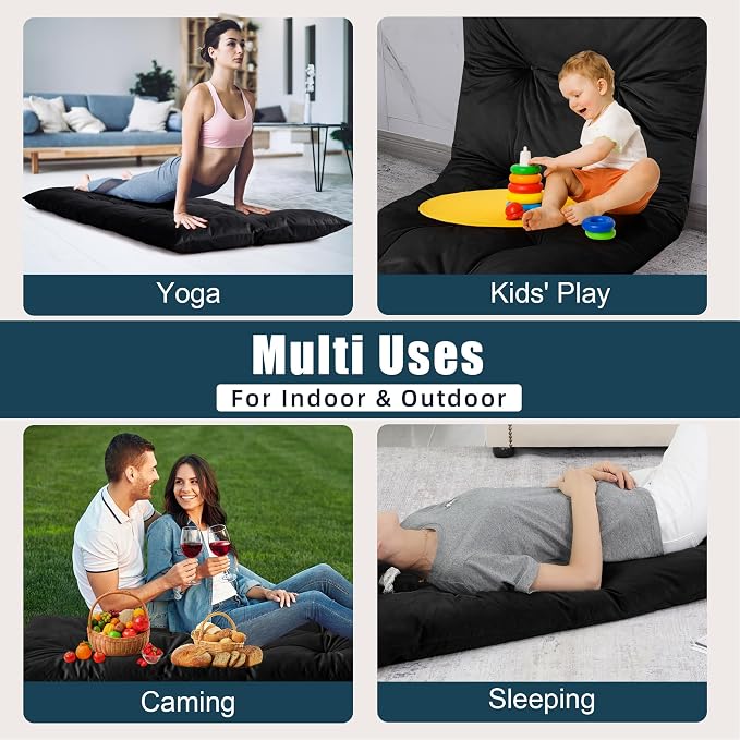 HOMBYS Floor Lounger Pillow Foldable and Tufted Design Long Floor Cushion for Yoga, Reading, Sleeping, Meditation, Elastic Band for Roll Up and Easy Storage, Machine Washable, Black, 74"x27"