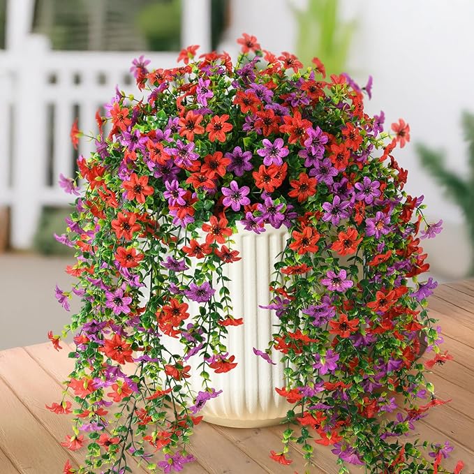 Artificial Hanging Flowers Plants for Outdoor Spring Summer Decoration,2 PCS Faux Silk Daisy with Eucalyptus Leaves,UV Resistant Look Real for Outside Home Planter Porch Patio Balcony Yard Decor