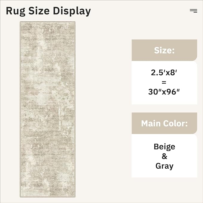Soalmost Washable Runner Rug, 2'6" x 8' Non-Slip Kitchen Vintage Foldable 2.5x8ft Hallway Runners for Entryway, Laundry, Bedroom, Beige Gray