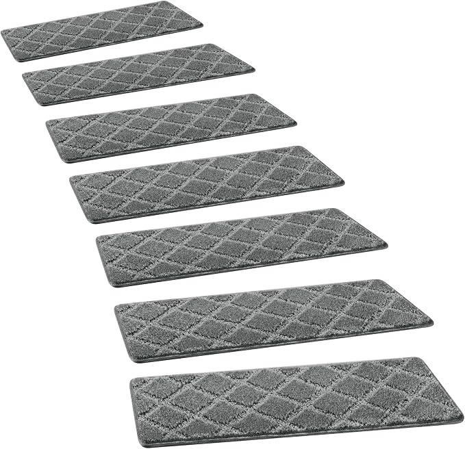 PURE ERA Carpet Stair Treads Tape Free Non Slip Indoor Stair Carpet Stair Protectors Pet-Friendly Non-Slip Skid Resistant Washable Reusable 8" x 30"(7 Pieces,Gray Diamond Trellis)