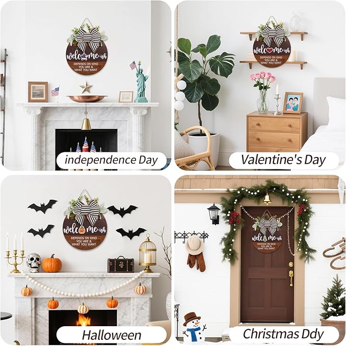 Interchangeable Seasonal Welcome Sign for Front Door, Rustic Round Wood Wreath for Front Door Hanging Decorations, for Spring Summer Fall Halloween Christmas Farmhouse Outdoor Home Wall Decor (12Inch)